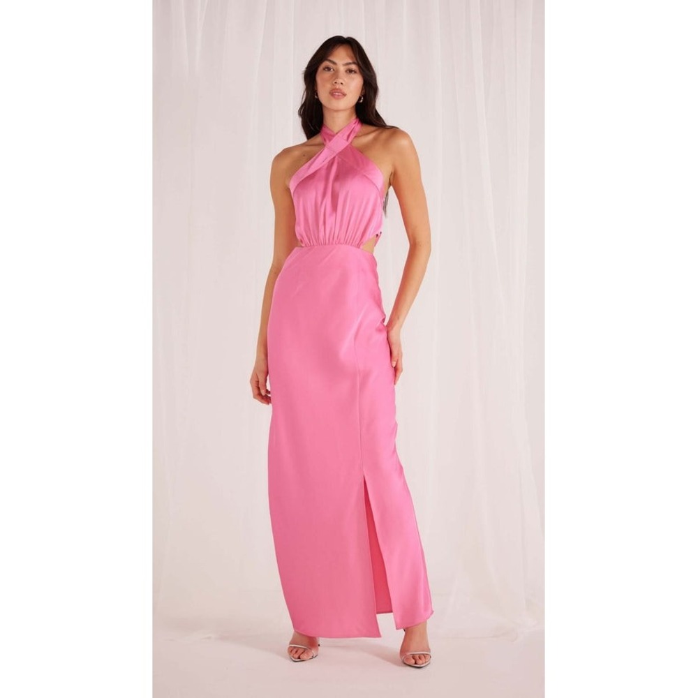 Minkpink Women Pink Satin Halter‎ Cutout Maxi Dress Size Medium NWT